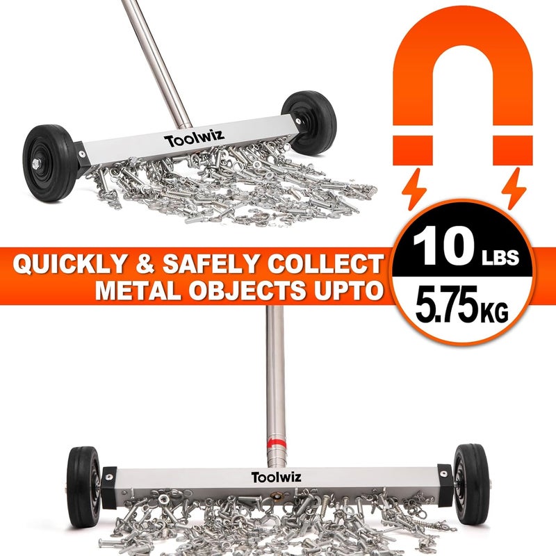 Toolwiz Magnetic Pick Up Sweeper 15-inch Heavy Duty Magnet Pickup Lawn Sweeper Roofing Tools, 10 Lbs Yard Tools with Telescoping Holder and Wheels to Clean Nails Adjustable Handle for Construction - Image 3
